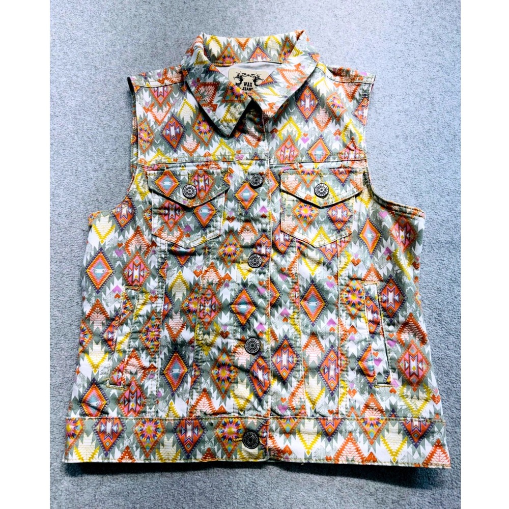 Wax Jeans Womens M Southwestern Geometric Denim Vest Western Boho Casual Retro